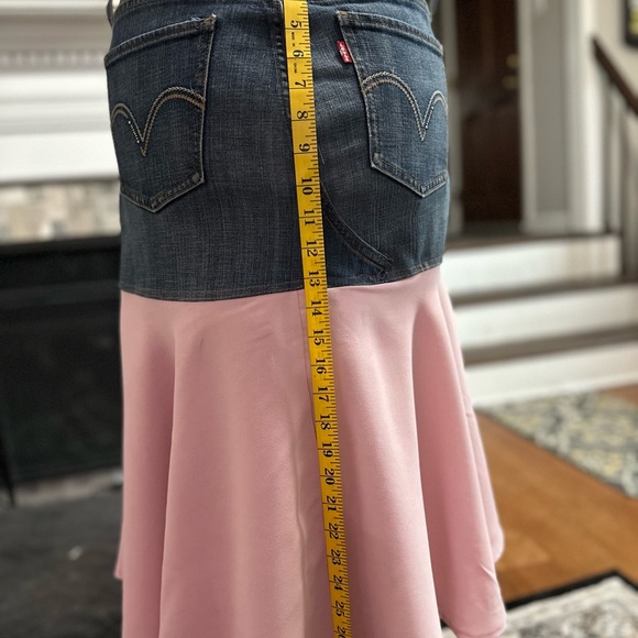 Denim jeans altered into a skirt with Asymmetrical Pink ruffled skirt. - Picture 4 of 8